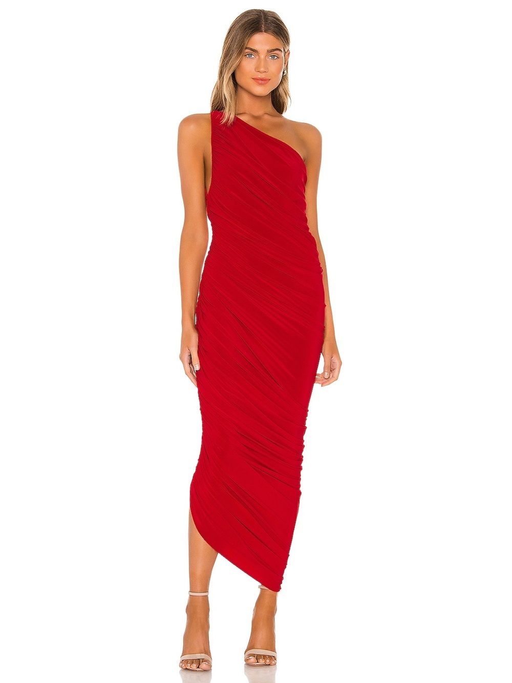 Norma Kamali One-Shoulder Red Ruched Maxi Dress